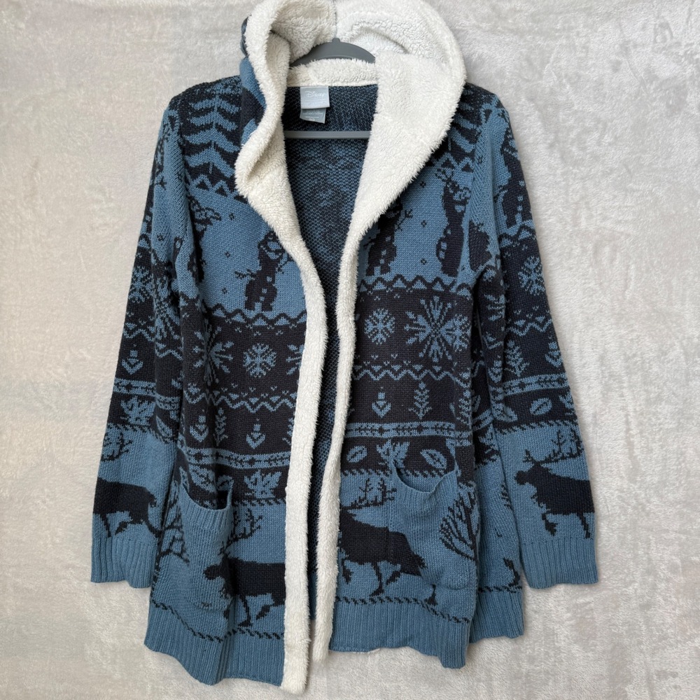 Disney Her Universe Frozen II Cardigan Sweater Blue Fair Isle Hooded Medium